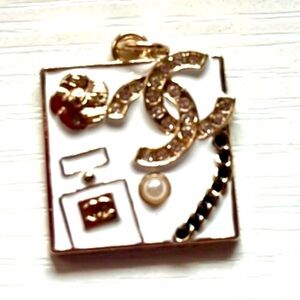 White Enamel Perfume Bottle Charm Pendant – Gold & White